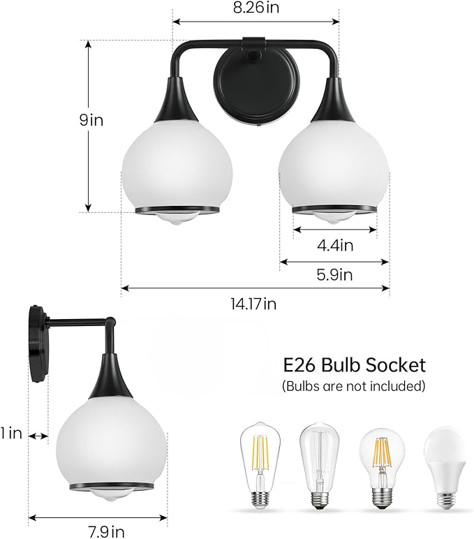Black Bathroom Light Fixtures 2 Lights Vanity Lights with Milky White Frosted Glass Shade Bathroom Vanity Light 14 inch Wall Sconce Lighting Bath(Exclude E26 Bulb)