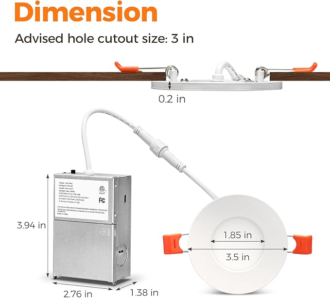 12 Pack 3 Inch Recessed LED Lights with Night Light, Canless Ultra Thin Wafer Recessed Lighting Downlight with Junction Box, Dimmable & 5 Color Temperature Selectable, 6W, ETL, White