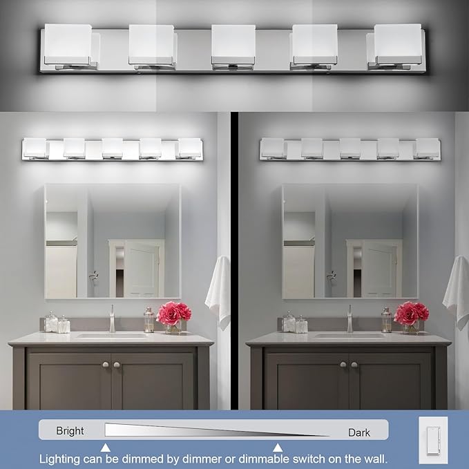 SineRise LED Modern Bathroom Vanity Light Fixtures (5-Light, 40-Inch, 5CCT), Chrome Modern Acrylic Bathroom Wall Lighting Fixtures Over Mirror (3000K/3500K/4000K/5000K/6000K)