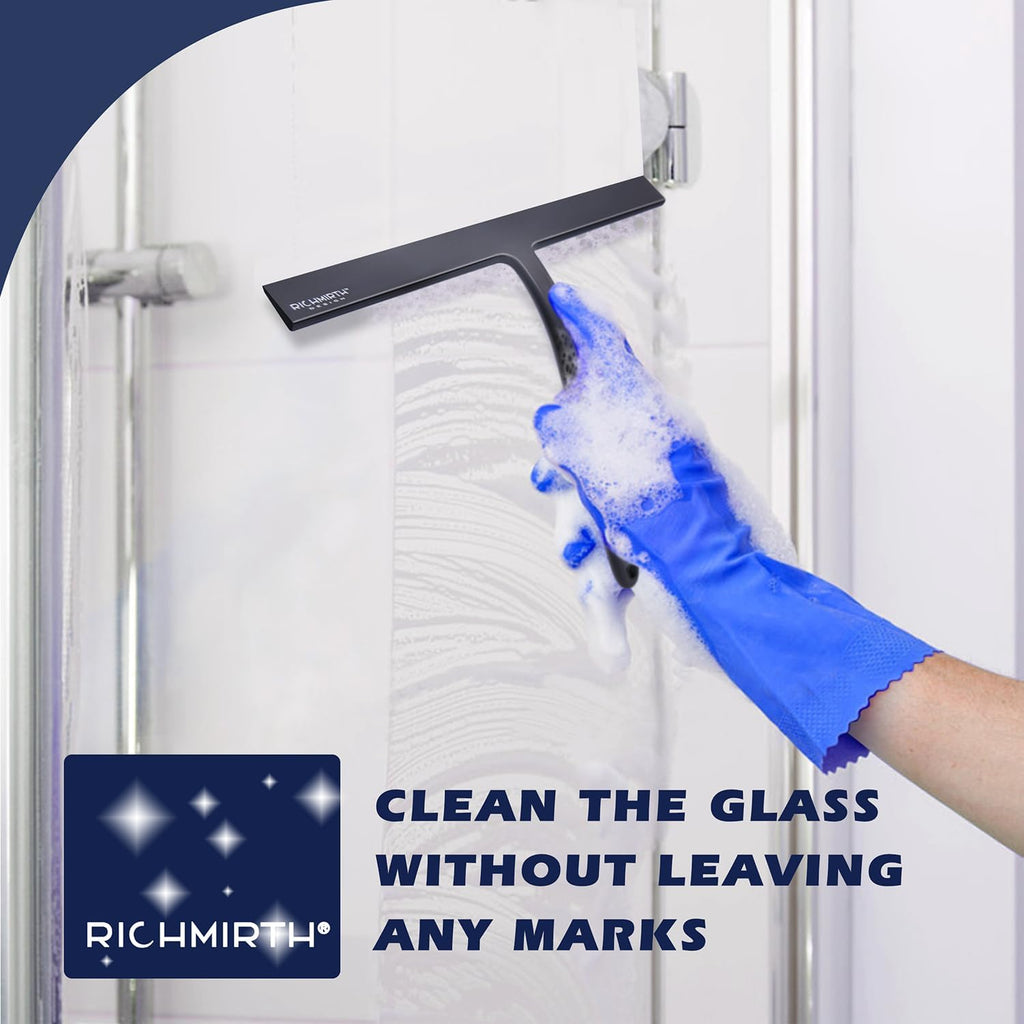 12 Inch Silicone Shower Squeegee for Glass Doors with Hook – Streak-Free Window Cleaner for Bathroom, Mirror, Tile & Car, No Scratch Squeegee with Metal Core (Black)