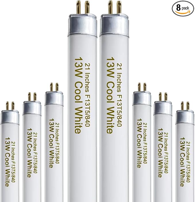 8 Pack 21 Inch T5 Fluorescent Light Bulb 13 Watt F13T5/CW Compatible for Sylvania Satco Philips GE Under Cabinet Tube Light Cool White 800 Lumen G5 Base 8 Count