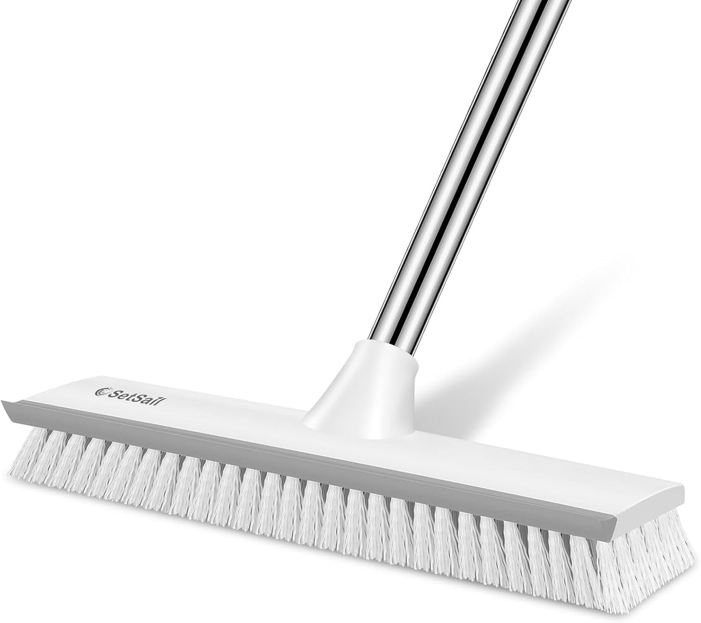 SetSail Upgraded Large 12 in Wide Floor Scrub Brush with 51-Inch Long Adjustable Handle 2 in 1 Scrape Brush Stiff Bristle Floor Scrubber for Cleaning Shower Bathroom Garage Kitchen Wall Deck Tub Tile
