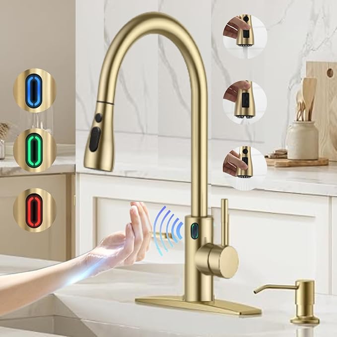 Touch-Less Kitchen Faucet, 3 Modes Pull Down Sprayer, LED Temperature Control,Sensor Activated,Ceramic Valve, 360-Degree Rotation, 1 or 3 Hole Deck Plate. 10-Year Warranty. (KW-78J, Gold)