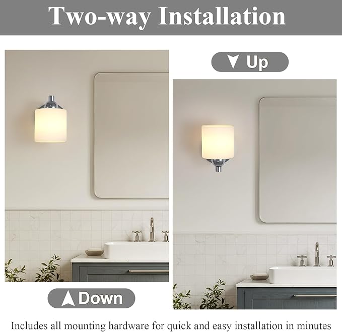 Polished Chrome Milk Glass Wall Sconces, 1 Pack Hardwired Indoor Wall Light Fixtures for Living Room, Hallway, Bedroom, Ceramic E26 Sockets (Bulbs Not Included)