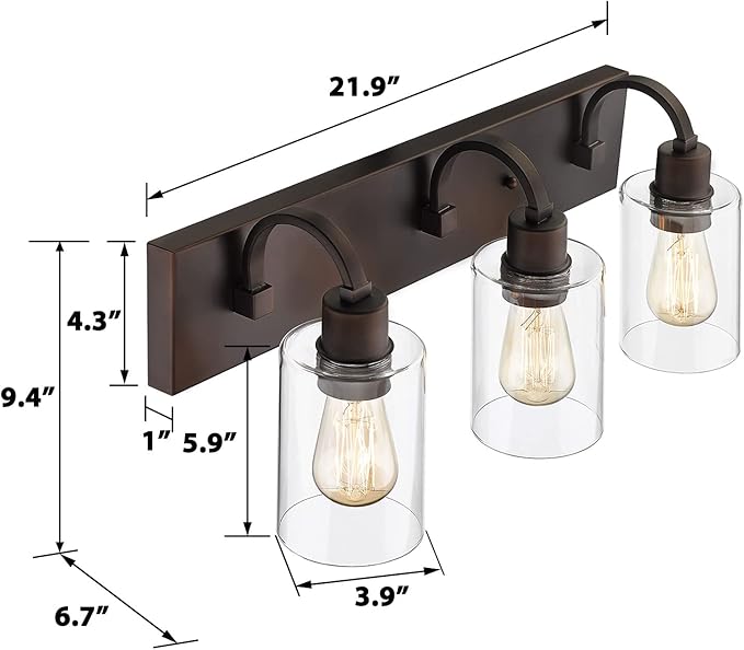 Emliviar Bathroom Vanity Light Fixtures - 3-Light Farmhouse Wall Light for Bathroom, Oil Rubbed Bronze Finish with Clear Glass, YCE237B-3W ORB