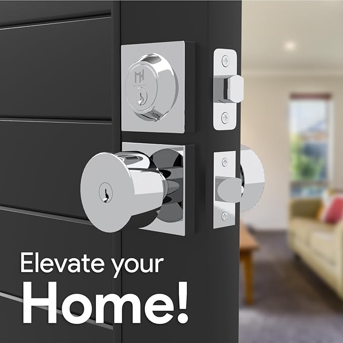 Mega Handles SUANA Entrance Combo, Door Knob and Cylinder Deadbolt and Key Combo, Heavy Duty Locking Door Knobs for Left or Right-Handed Doors – Polished Chrome