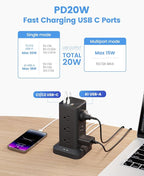 Power Strip Tower with Surge Protector 1800J, Fast Charging Tower PD20W USB-C Ports with 12 AC Outlets, 10ft Extension Cord for Home Office Dorm Room, Black