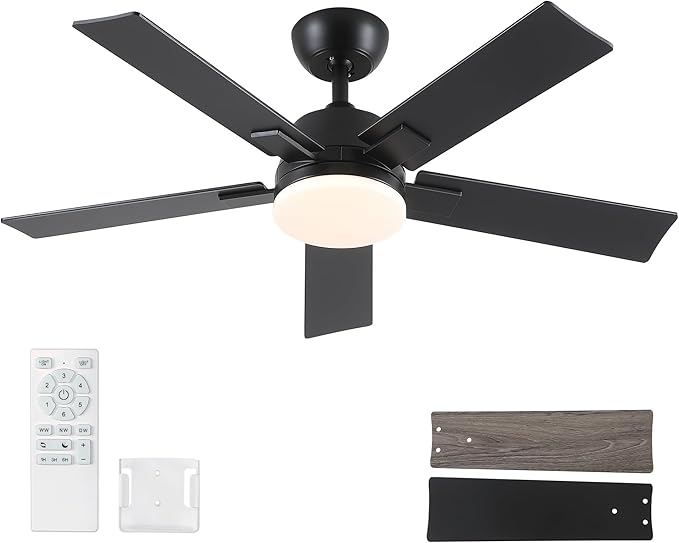 42 Inch Ceiling Fans with Lights and Remote, Black Ceiling Fan with 5 Blades, 6 Speed Reversible DC Motor, 3CCT Dimmable LED, Modern Design for Bedroom, Living room & Covered Outdoor,Includes Downrod