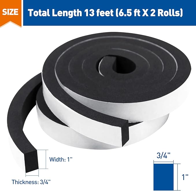 MAGZO Weather Stripping Door Seal, 1 Inch Wide X 3/4 Inch Thick Adhesive Foam Tape Soundproof Weatherstripping for Windows, 2 Rolls Total 13FT Black