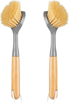 2 Pack Dish Brushes with Bamboo Handle, Kitchen Dish Scrubber Built-in Scraper, Scrub Brush for Pans, Pots, Counter & Kitchen Sink Cleaning, Dishwashing and Cleaning, Perfect Cleaning Tools, Gray