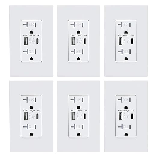USB Wall Outlet, Charger Outlets Receptacles with 4.2A USB C Ports, 20 Amp Duplex Tamper Resistant Receptacle Plug with Electrical Outlet, Wall Plate Included, ETL Listed，White, 6 Pack