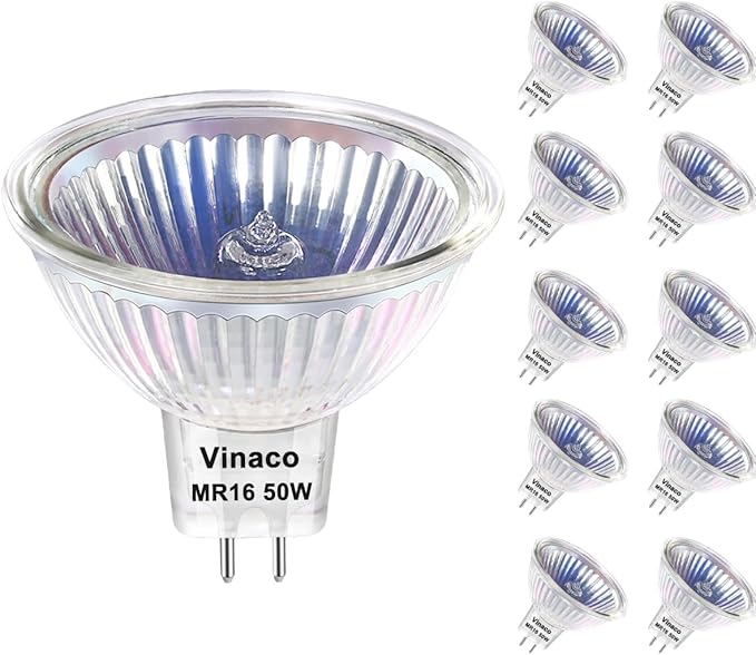 Vinaco MR16 Bulb，10Pack MR16 Halogen Bulb 50W GU5.3 Base, 800LM High Output MR16 12V 50W Halogen, 2800K Warm White MR 16 Dimmable with Clear Glass Cover, MR 16 GU5.3 for Landscape, Track Lights
