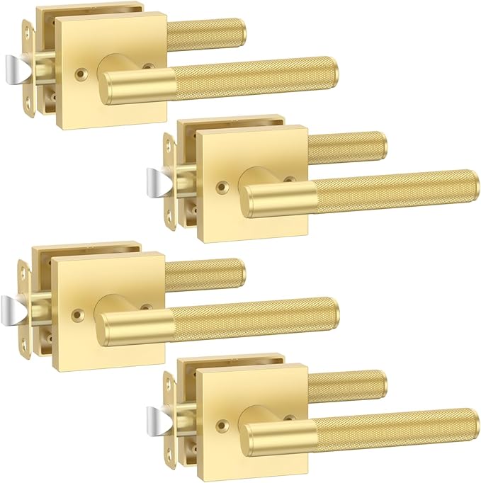 Asidrama 4 Pack Passage Gold Door Handles, Door Lever with Door Knobs Indoor for Bedroom or Bathroom, Heavy Duty Brushed Gold Door Handles Interior with Locks for Left Right Sided Doors