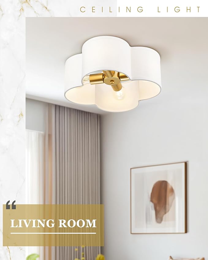 Gold Flush Mount Ceiling Light, 4-Light 14Inch Light Fixtures Ceiling Mount with Fabric Shade in Quatrefoil Shape, Brass Lighting for Nursery Hallway Bedroom Kitchen, AD-22007-4C-GD