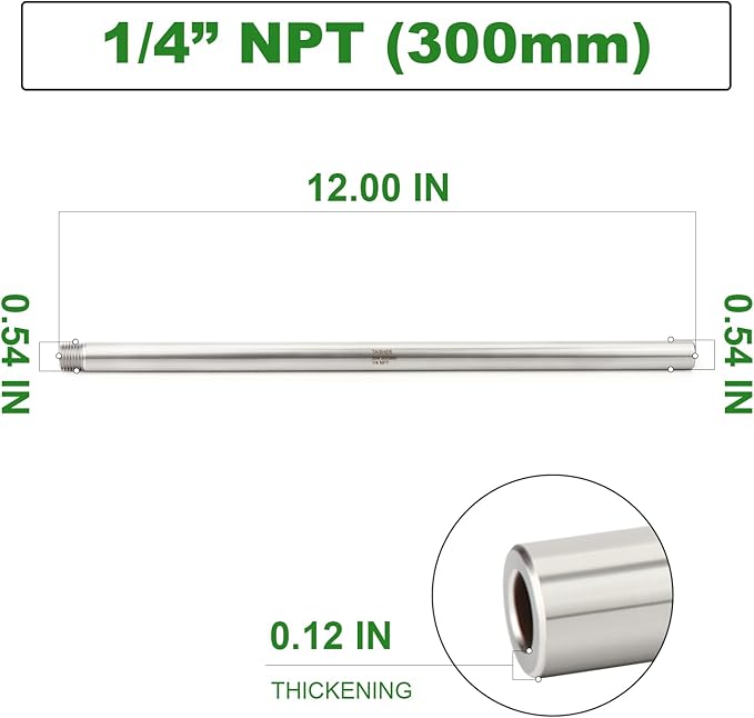 TAISHER 2PCS 304 Stainless Steel Pipe Fittings, 1/4" NPT Male Threaded, 12" Length Weld Nipple Cast Pipe