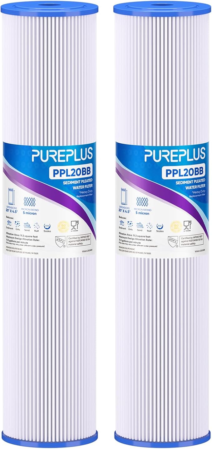 PUREPLUS 5 Micron 20" x 4.5" Whole House Pleated Sediment Filter for Well Water, Replacement Cartridge for ECP20-20BB, AP810-2, SPC-45-2020, R30-20BB, HDC3001, ECP5-20BB, 2Pack