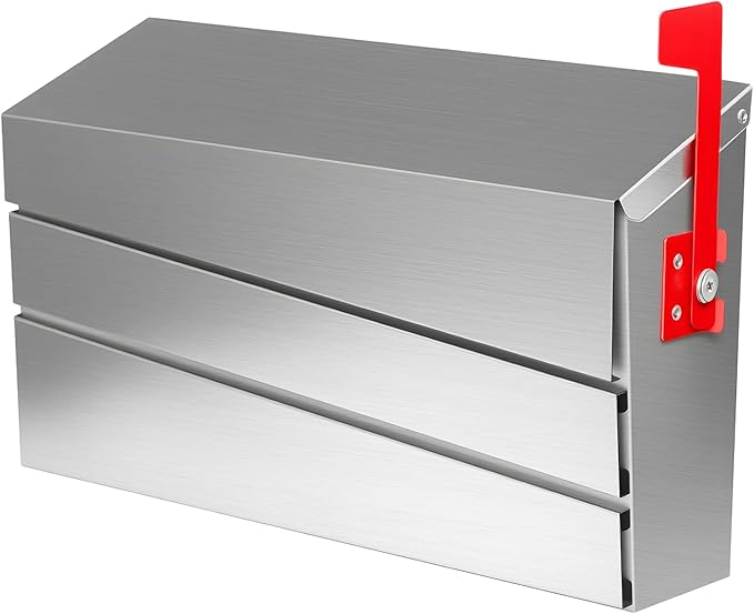 Wall-Mount Mailbox, Brushed Stainless Steel Panel, Rust Resistant Large Capacity House Mailbox, Modern Drop Mailboxes for Outside, Metal Post Box with Flag (No Keys Locking)