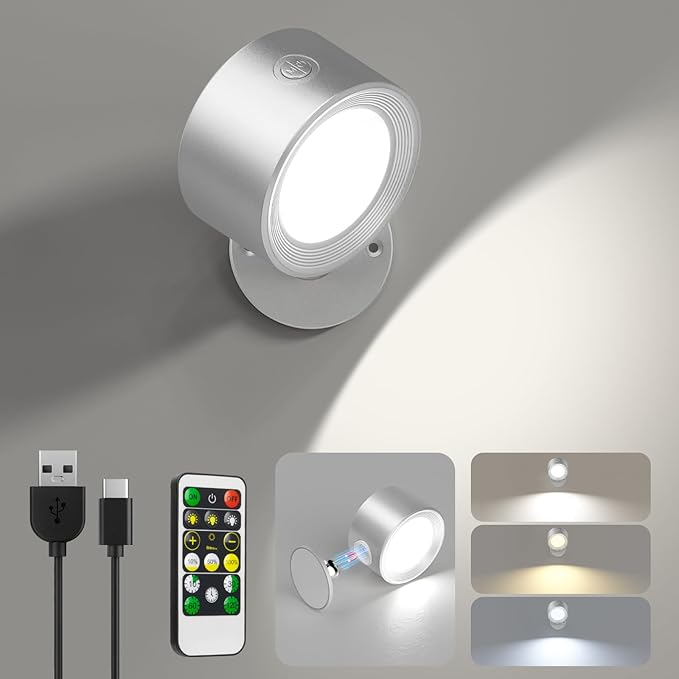 Lightbiz LED Reading Lights, Wall Lights Sconces with Remote Rechargeable Battery Operated, 3 Color Temperatures & Dimmable Light Magnetic Ball 360°Rotation, Lamps for Study Bedside Closet