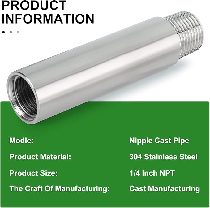 TAISHER 2PCS Stainless Steel Pipe Fittings, 1/4" NPT Male x 1/4" NPT Female Threaded, 4" Length Nipple Cast Pipe