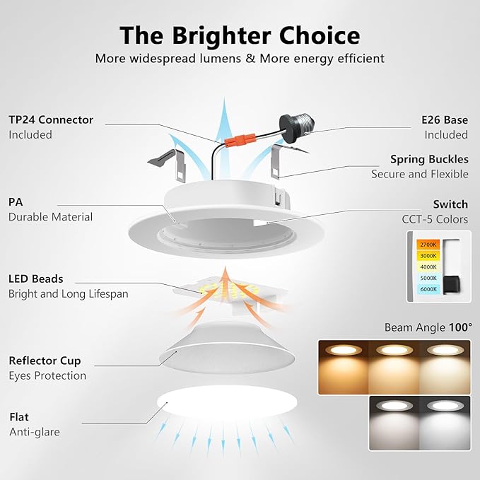 LVWIT 4 Inch LED Recessed Lights, LED Can Lights, Color Selectable 2700/3000/4000/5000/6000K 5CCT, 7W 700LM, Dimmable Recessed Lighting with E26 Conversion Kit, Retrofit Recessed Light, 12 Pack