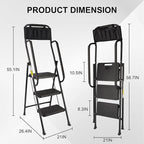 Valeo 3 Step Ladder with Handrails,500 Lbs Capacity,Folding Step Stool Ladder with Attachable Tool Bag,Lightweight & Storage Step Ladder 3 Step Folding,Multi-use for Home,Kitchen,Office,Black