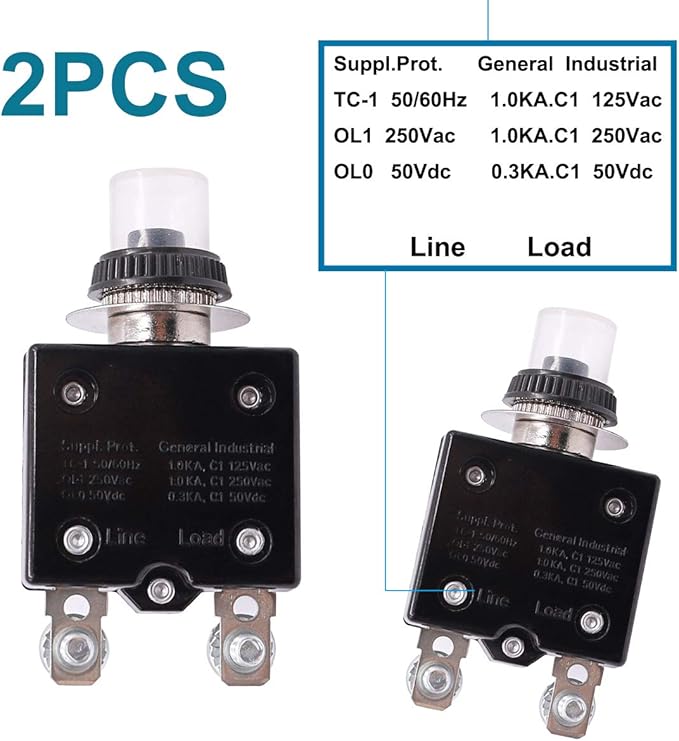 mxuteuk 2Pcs 15Amp Circuit Breakers Push Button Manual Reset 125/250V AC 50V DC, L1 Series Overload Protector Switch Thermal Circuit Breakers with Waterproof Button Caps L1-ls-15A