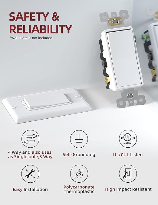 AIDA 20 Pack 4 Way Switch Decorative Light Switch, 15Amp, 120/277 Volt, 4 Way Decorative Light Rocker Switch Replacement, Self-Grounding, Residential and Commercial Grade, UL Listed