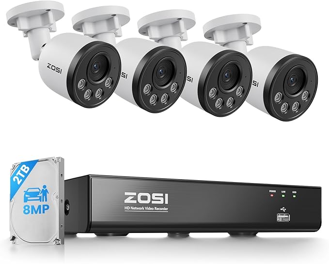 ZOSI 4K PoE NVR Security Camera System,4pcs 8MP Weatherproof Wired PoE Cameras,Smart Person Vehicle Detection,One-Way Audio,People Counting,H.265+ 4K/8MP 8CH NVR with 2TB HDD for Home 24/7 Recording