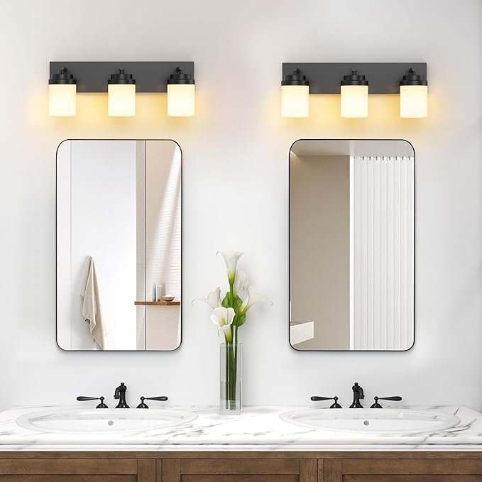 IZORRO Bathroom Vanity Light Fixture, 3-Light 22 Inch Matte Black Bathroom Light Fixtures Over Mirror, with White Glass Shade, Modern Farmhouse Vanity Lights, Rustic Restroom Lighting Fixtures