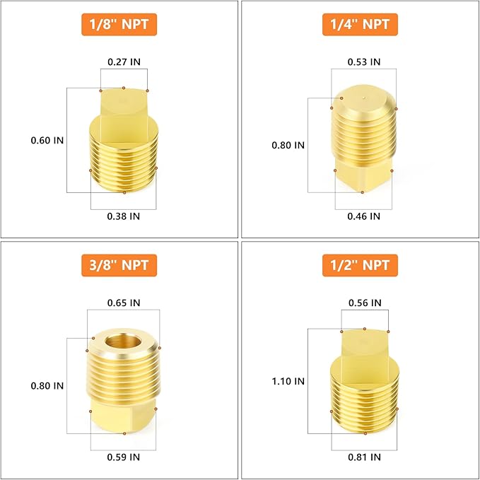 GASHER 20PCS Brass Plug Pipe Fitting Kit,1/4",3/8",1/8",1/2" NPT Male Square Head Plug