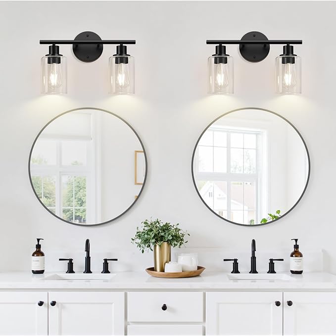 2-Light Bathroom Light Fixtures, Black Modern Vanity Lights with Clear Glass Shade, Bathroom Wall Lamp for Mirror Kitchen Living Room Hallway Cabinet Porch