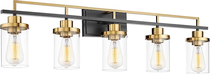 Emliviar 36 Inch 5-Light Bathroom Light Fixtures with Clear Glass Shade, Modern Vanity Lights Over Mirror for Bathroom, Bedroom, Hallway, Black and Gold Finish, YCE238B-5W BK+BG