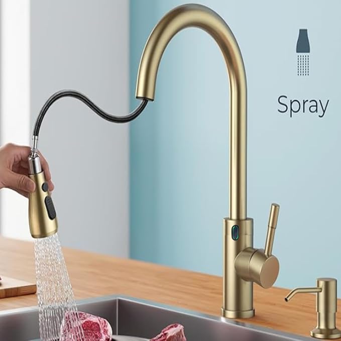 Touch-Less Kitchen Faucet, 3 Modes Pull Down Sprayer, LED Temperature Control,Sensor Activated,Ceramic Valve, 360-Degree Rotation, 1 or 3 Hole Deck Plate. 10-Year Warranty. (KW-78J, Gold)