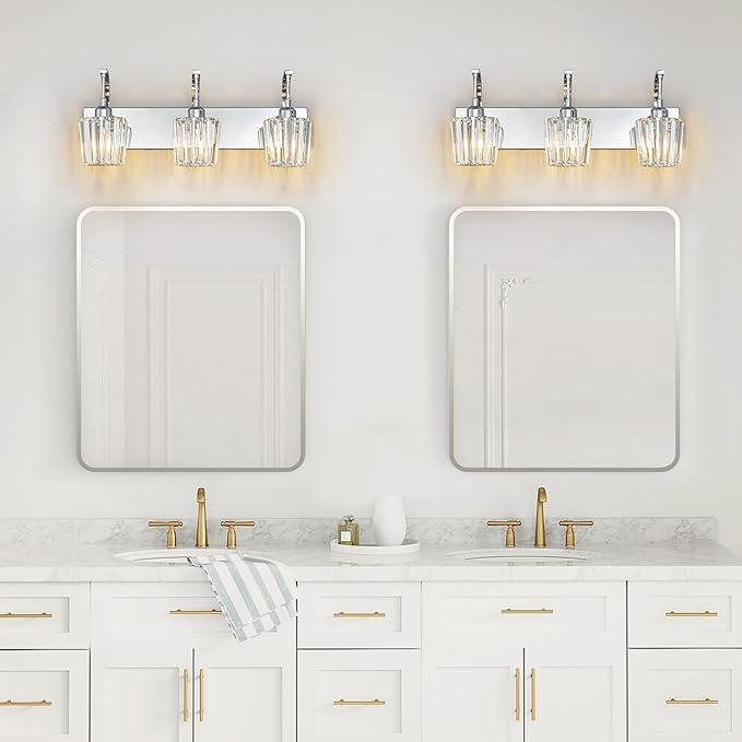 Modern Bathroom Vanity Light, 3-Light Chrome Wall Sconce with Crystal Accents, Over Mirror Bathroom Lighting Fixture, 23.62" Long Dimmable Vanity Lamp for Makeup, Easy Installation