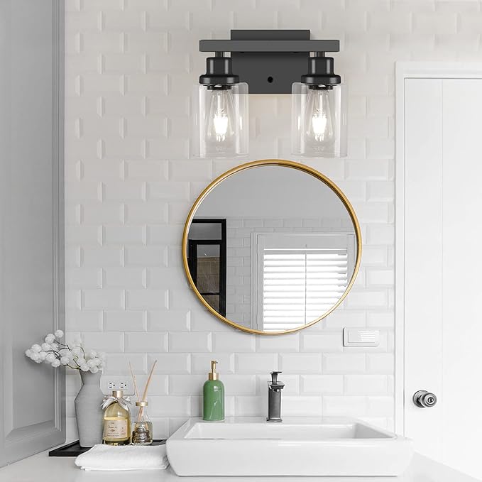 Bathroom Vanity Light, 2-Light Modern Matte Wall Sconce Lighting with Clear Glass Shade, Wall Lights,Bath Vintage Wall Mounted Lamps for Mirror Bedroom Living Room