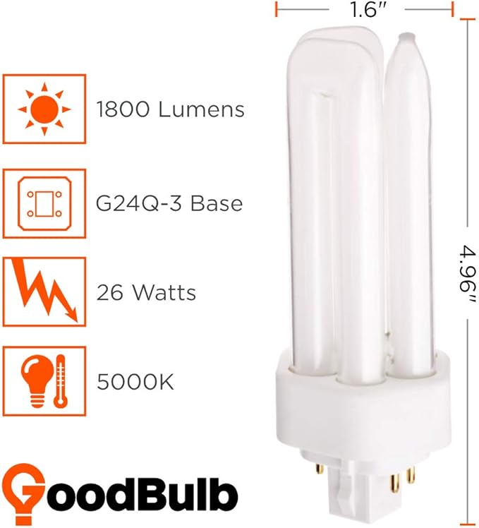 GoodBulb 26 Watt CFL Light Bulbs 4 Pin GX24Q-3 Base 5000K Daylight 26W High Output 1800 Lumens Triple Tube Compact Fluorescent Light Bulbs Plug-in Car Dealership Lighting 10 Pack