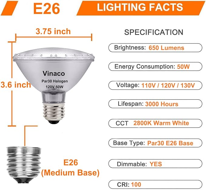 Vinaco PAR30 Short Neck 50W, 6 Pack High Output PAR30 Halogen Flood Light Warm White 2800K, PAR30 Dimmable, Long Lasting par30 Flood Light Bulb 120V with E26 Base for Indoor/Outdoor