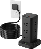 Power Strip Tower with Surge Protector 1800J, Fast Charging Tower PD20W USB-C Ports with 12 AC Outlets, 10ft Extension Cord for Home Office Dorm Room, Black