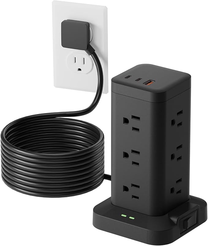 Power Strip Tower with Surge Protector 1800J, Fast Charging Tower PD20W USB-C Ports with 12 AC Outlets, 10ft Extension Cord for Home Office Dorm Room, Black