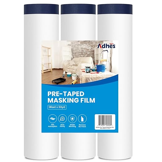 ADHES Painters Plastic with Tape, 102 inch x 90 feet x 3 Rolls Painters Tape with Plastic Attached, Pre Taped Masking Film for Automotive Painting Covering