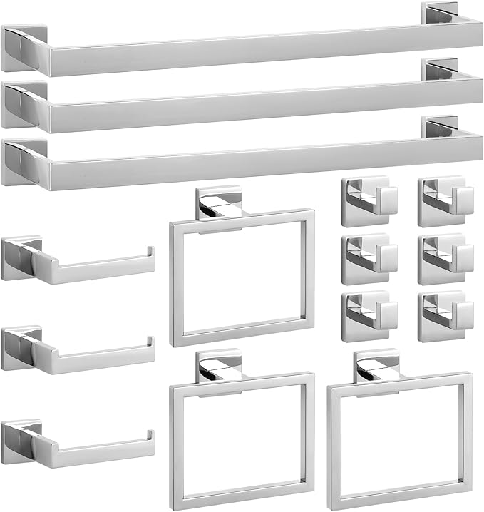 Cilee 15-Pieces Bathroom Hardware Set - Polished Chrome Bathroom Accessories, 24 Inch Towel Bar, Square Towel Ring, Toilet Paper Holder, Towel Hook, Wall-Mounted Stainless Steel Towel Bar Rack Set