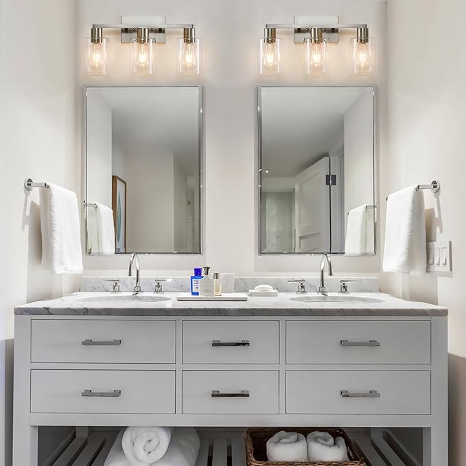 3-Light Vanity Lights,Brushed Nickel Vanity Light,with Clear Glass Shade for Bathroom Light Fixtures, Bathroom Light Fixtures Over Mirror