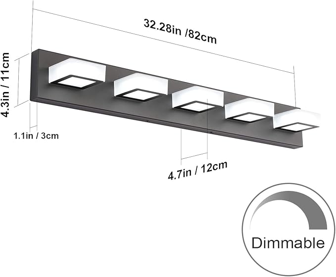 Ralbay Dimmable Matte Black Vanity Light Modern 5 Lights Acrylic Stainless Steel Vanity Wall Light Over Mirror Long LED Modern Bathroom Vanity Lighting Fixtures