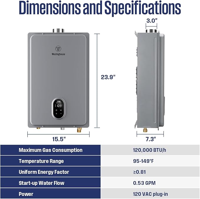 Westinghouse Natural Gas Tankless Water Heater Indoor Installation Max 5.1 GPM 120,000 BTU, WIFI Enable Temp Self Modulating Non Condensing High Efficiency for House or Commercial, APOLO Performance