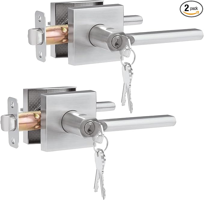 HOSOM 2 Pack Exterior Door Handle, Entry Door Handle with Lock and Key, Commercial and Residential Area, Interior Modern Entrance Doors Lever Heavy Duty Front Door Lock, Satin Nickel