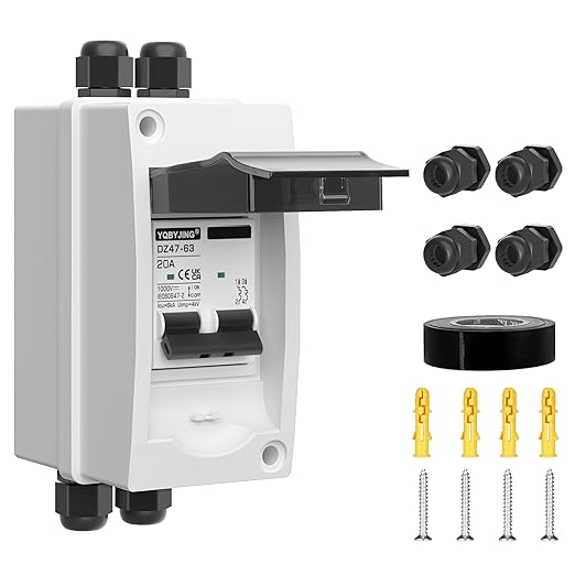 DC Solar Panel Disconnect Switch 20 Amp Miniature Circuit Breaker Box 1000V 2 Poles with IP65 Waterproof UV-Proof Box for Outdoor Solar PV Homes Battery