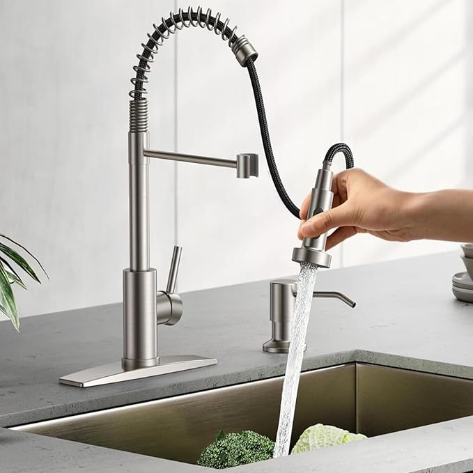 Touch On Kitchen Faucet, 3 Modes Pull Down Sprayer, Ceramic Valve, 360-Degree Rotation. (Touch-On (KW-62), Brushed Nickel)