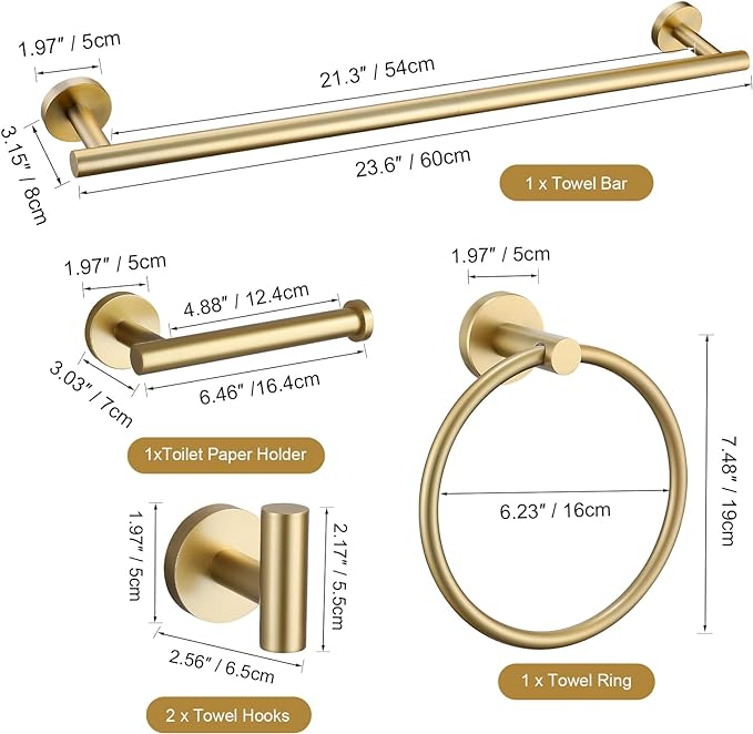 TURS Brushed Gold 5 Piece Bathroom Hardware Set, SUS304 Stainless Steel 24 Inch Bath Towel Bar Set, Round Bathroom Accessories Kit Wall Mounted