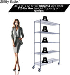 48"x18"x72" Chrome 5-Tier PREMIUM Wire Shelving NSF 4000 LBS MAX CAPACITY Heavy Duty Steel Storage Rack for Warehouses, Garages, Hospitals, Commercial Spaces, & Schools w/PREMIUM WHEELS