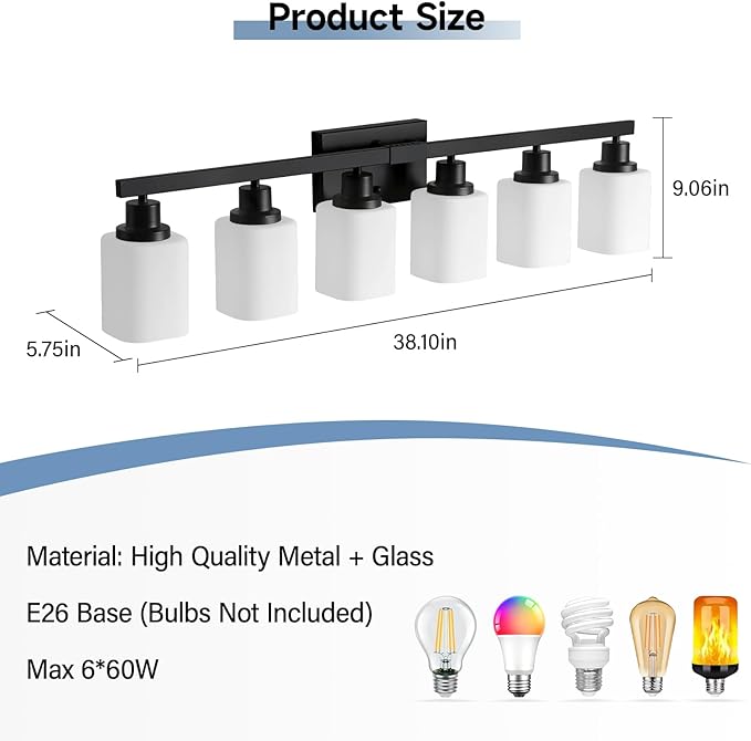 6 Light Bathroom Vanity Light, Modern Matte Black Bathroom Light Fixtures with Square Frosted Glass, Wall Sconces fixtures Over Mirror Restroom,Living Room Hallway E26